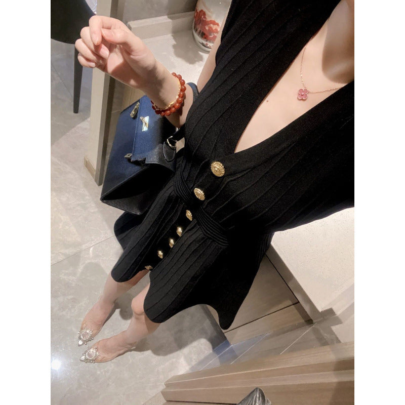 Elegant Socialite V Summer Waist-Cinching Slimming Belly-Covering Fashionable Knitted Sleeveless Dress