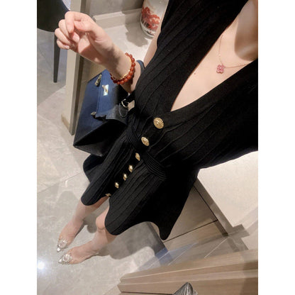 Elegant Socialite V Summer Waist-Cinching Slimming Belly-Covering Fashionable Knitted Sleeveless Dress