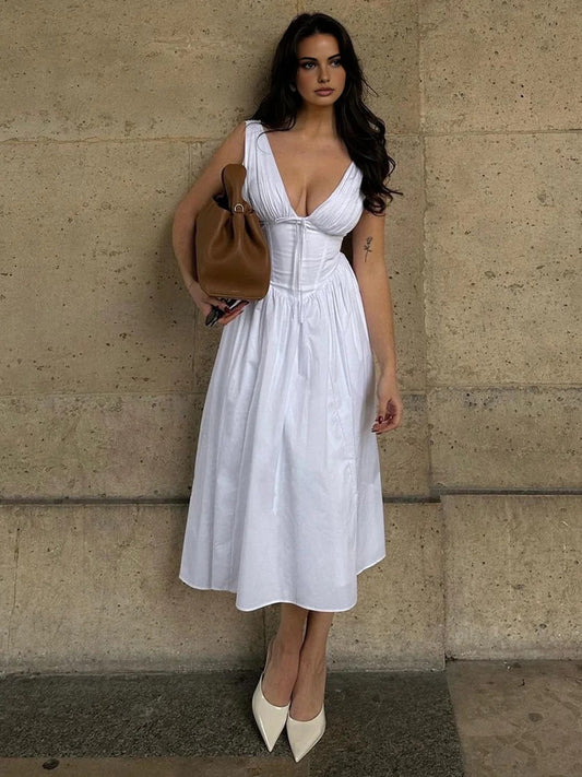 Casual White Plain Sleeveless Midi Dress
