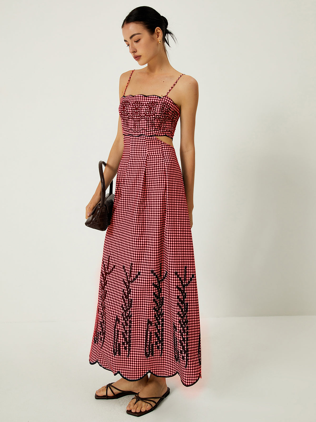 Plaid Print Embroidered Cutout Cami Long Dress