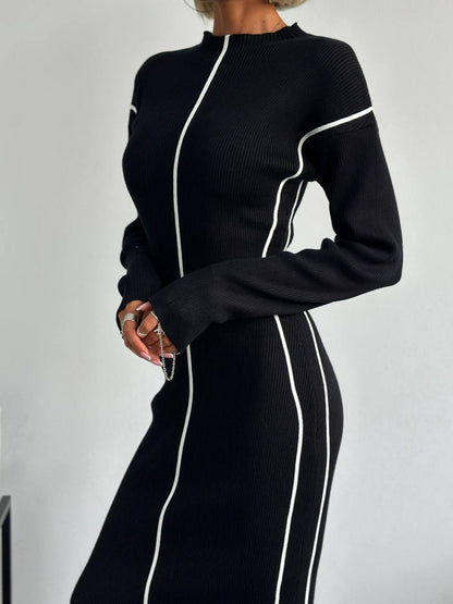 Ribbed Contrast Piping Sweater Dress