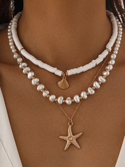 Fashion Pearl & Shell Layered Necklace With Starfish Pendant