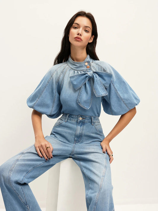 Fashion Denim Puff-Sleeve Top With Bow Detail