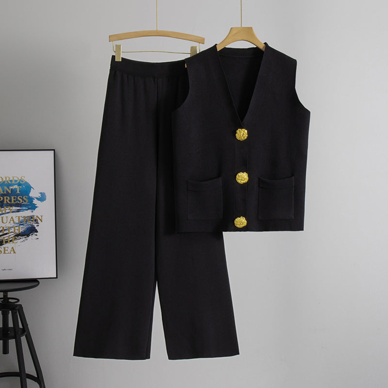 Summer New Fashion Two-Piece Set with Large Buttons V Collared Knitted Vest Casual Long Pants Knitted Set