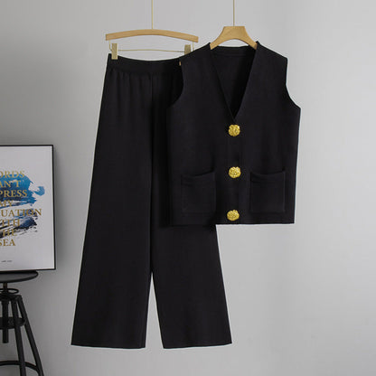 Summer New Fashion Two-Piece Set with Large Buttons V Collared Knitted Vest Casual Long Pants Knitted Set