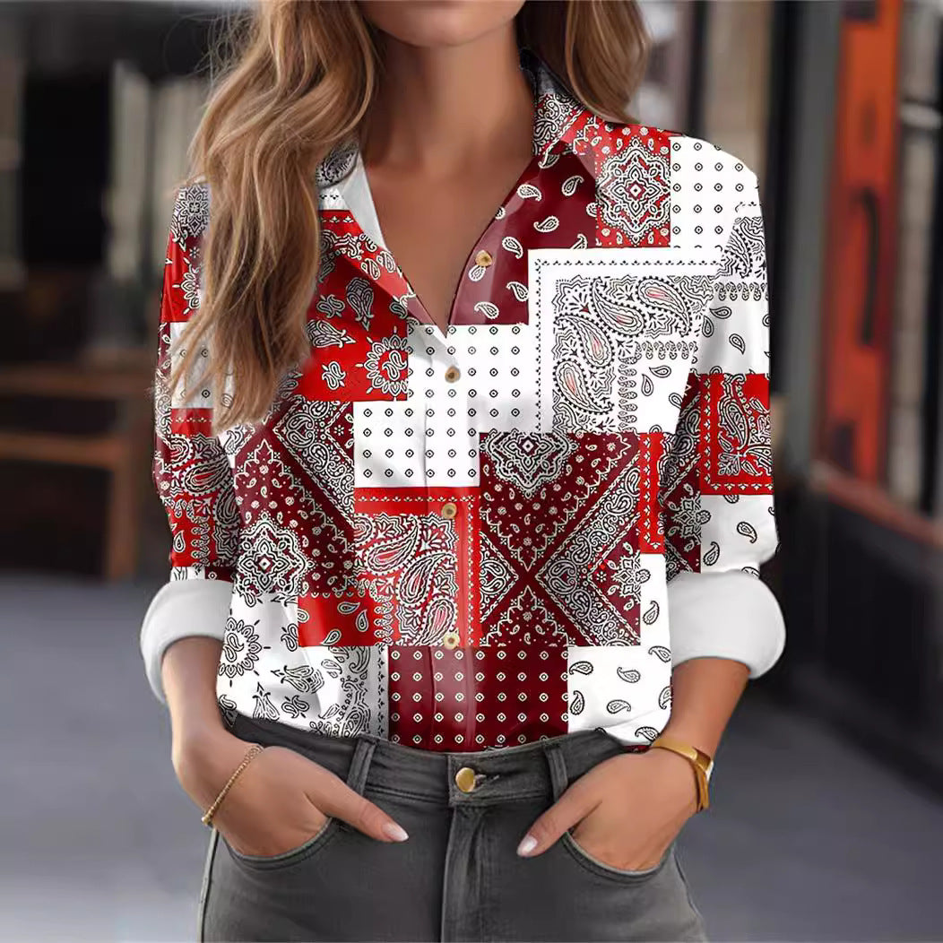 Women's Color Block Button Printed Long Sleeve Casual Retro Basic Top