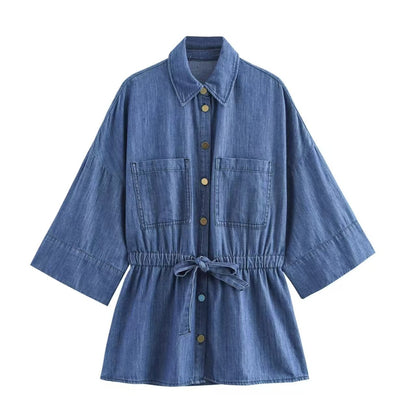 Popular Long Denim Shirt with Drawstring Waist