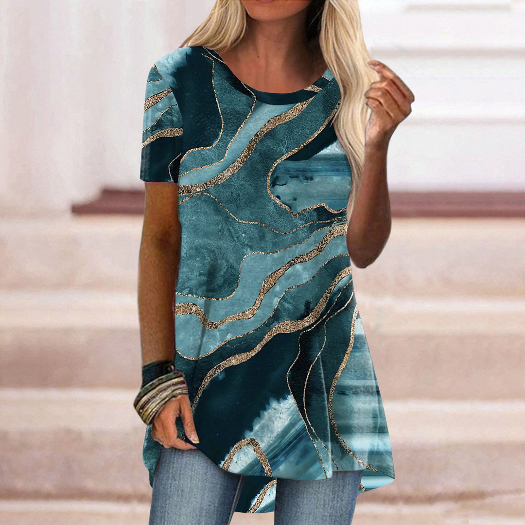 Fashion Round Neck Retro Print Short Sleeve Top