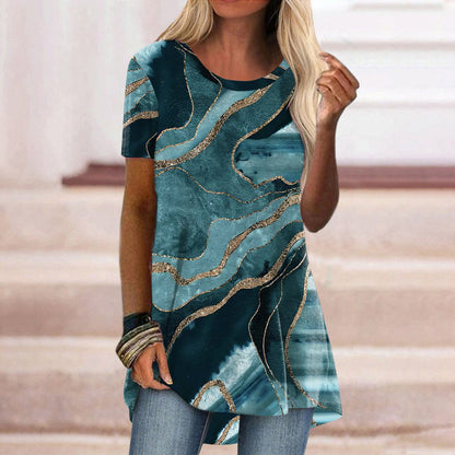 Fashion Round Neck Retro Print Short Sleeve Top