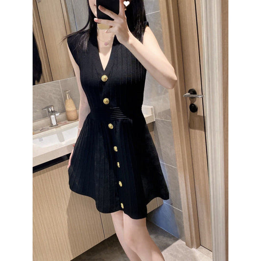 Elegant Socialite V Summer Waist-Cinching Slimming Belly-Covering Fashionable Knitted Sleeveless Dress