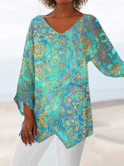 Fashion V Loose-fitting Nine-quarter Sleeve Shirt Top