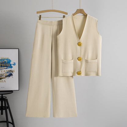 Summer New Fashion Two-Piece Set with Large Buttons V Collared Knitted Vest Casual Long Pants Knitted Set