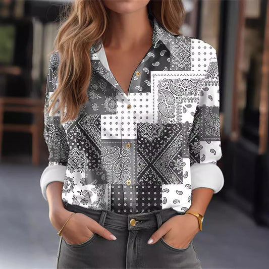 Women's Color Block Button Printed Long Sleeve Casual Retro Basic Top