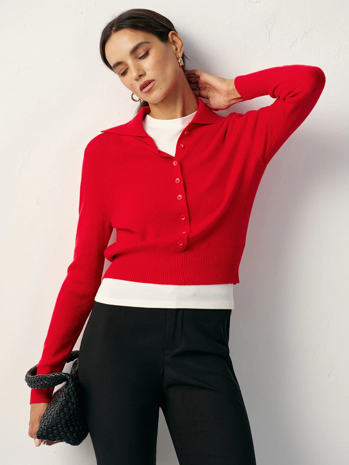 Red Knit Button Front Collared Top