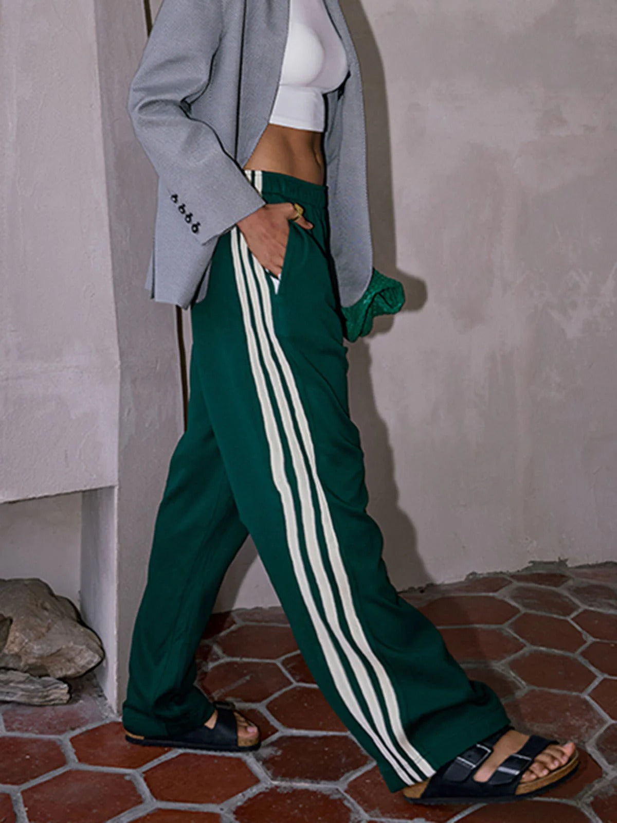 Green Casual Striped Patchwork Pants