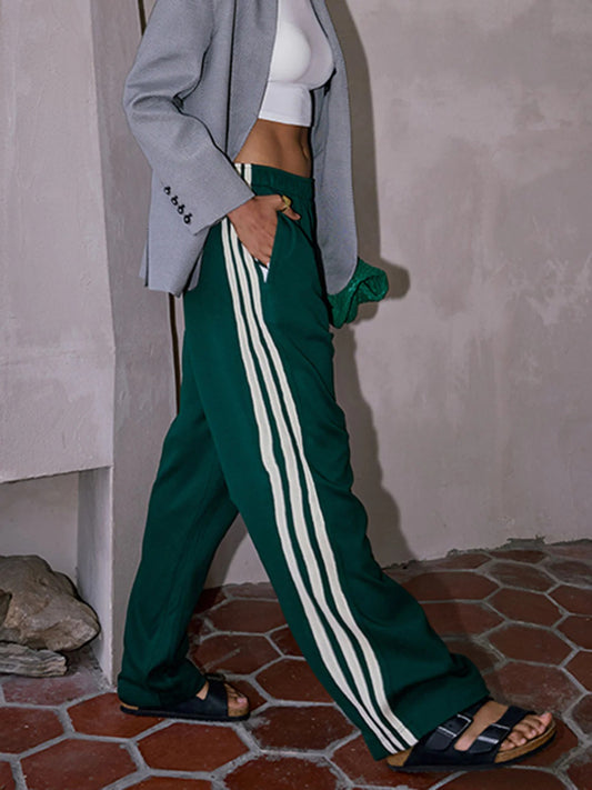 Green Casual Striped Patchwork Pants