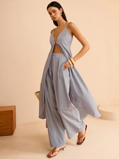 Fashion Striped Long Cami Top and Wide-Leg Pants Set