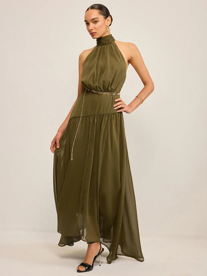 Fashion Semi-Sheer Halter Neck Chiffon Maxi Dress with Back Bow