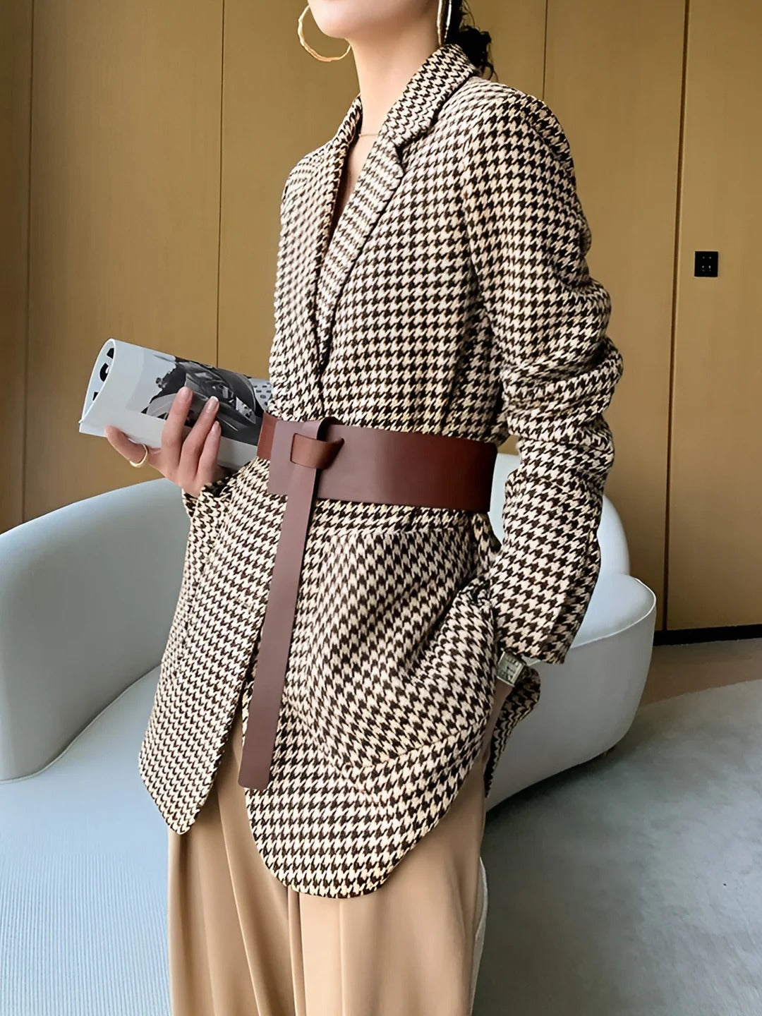 Fashion Houndstooth Split Blazer With Belt