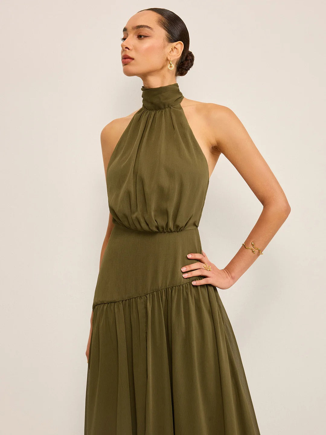 Fashion Semi-Sheer Halter Neck Chiffon Maxi Dress with Back Bow