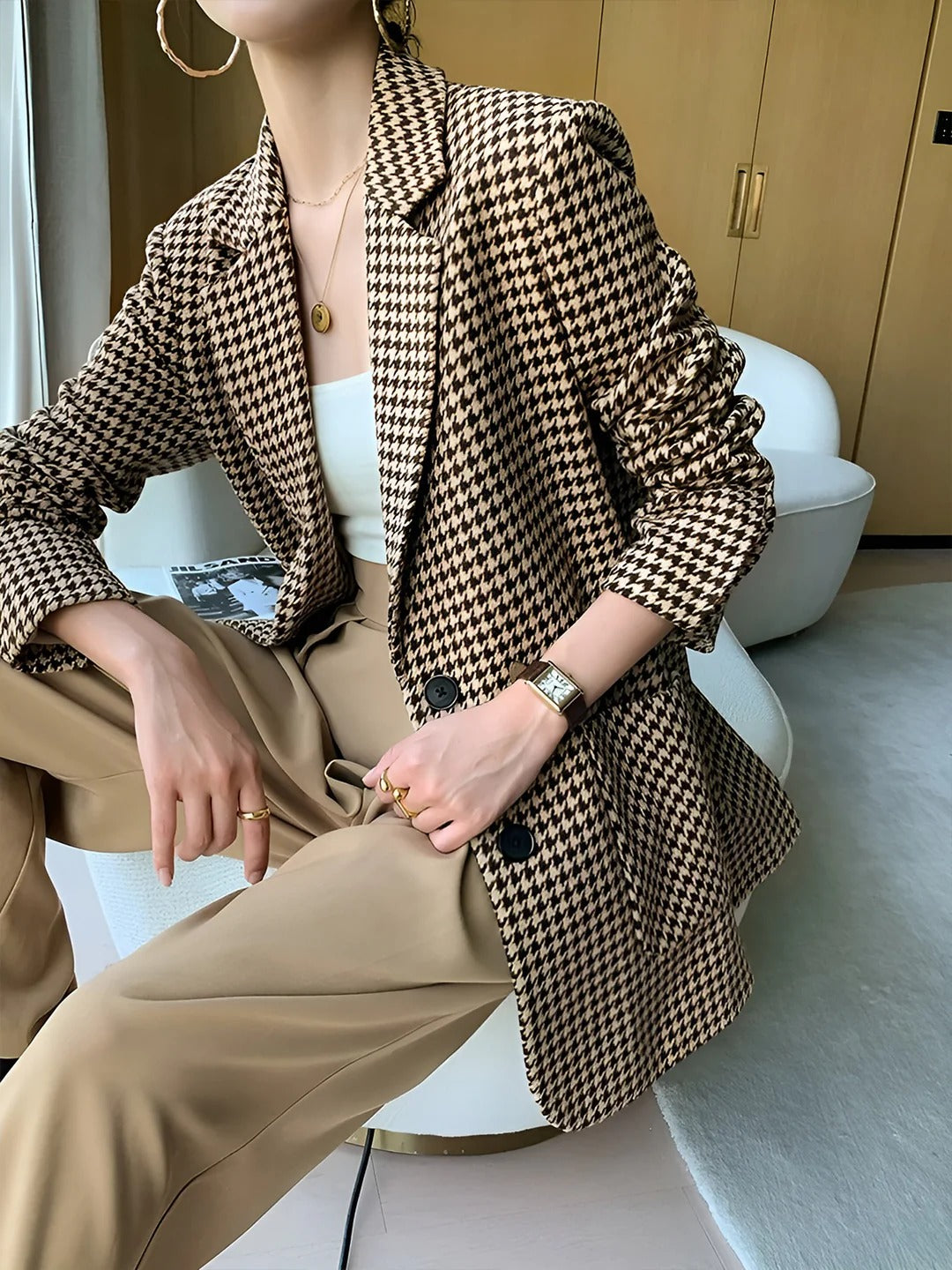 Fashion Houndstooth Split Blazer With Belt
