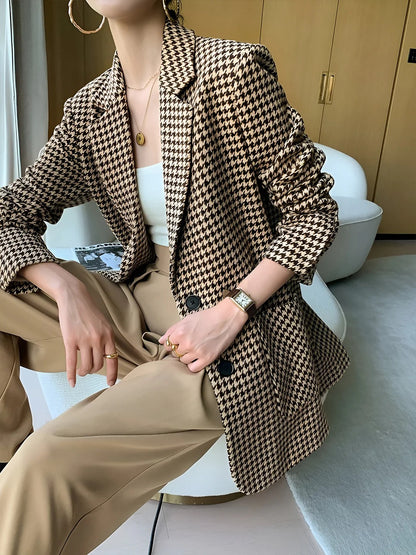 Fashion Houndstooth Split Blazer With Belt