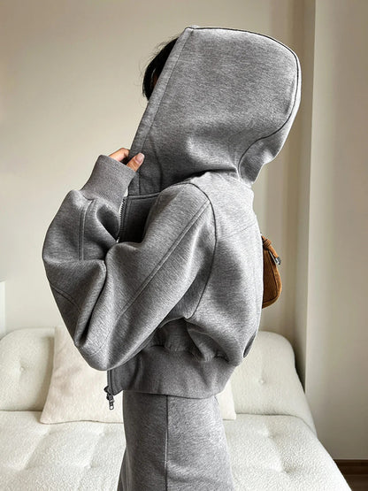 Popular Solid Long Sleeve Zip Crop Hoodie