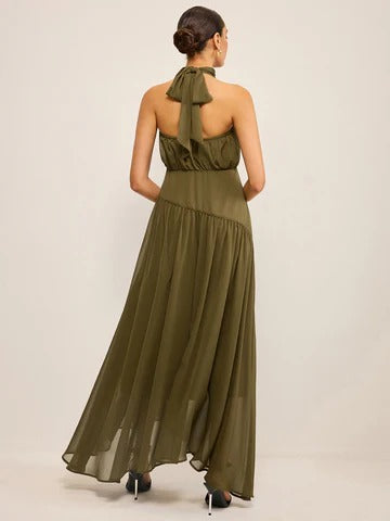 Fashion Semi-Sheer Halter Neck Chiffon Maxi Dress with Back Bow