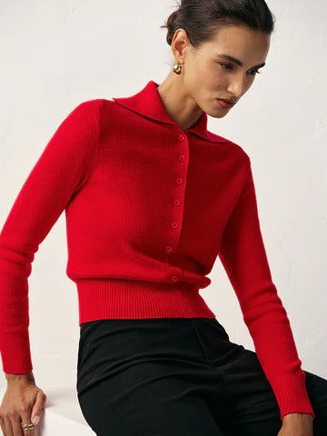 Red Knit Button Front Collared Top