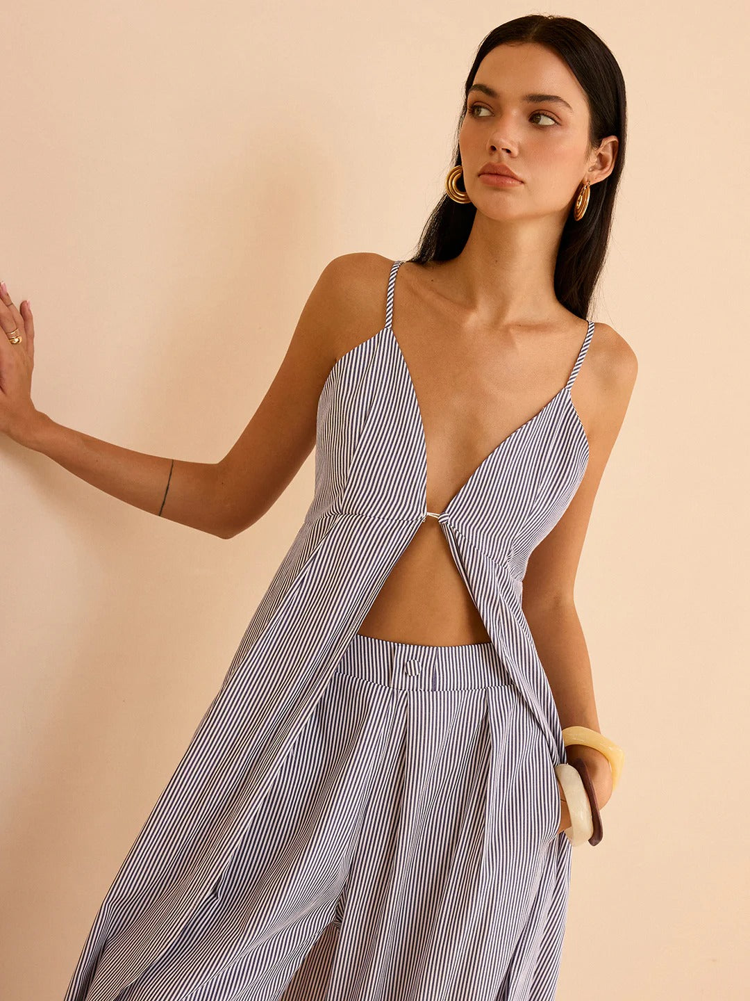 Fashion Striped Long Cami Top and Wide-Leg Pants Set