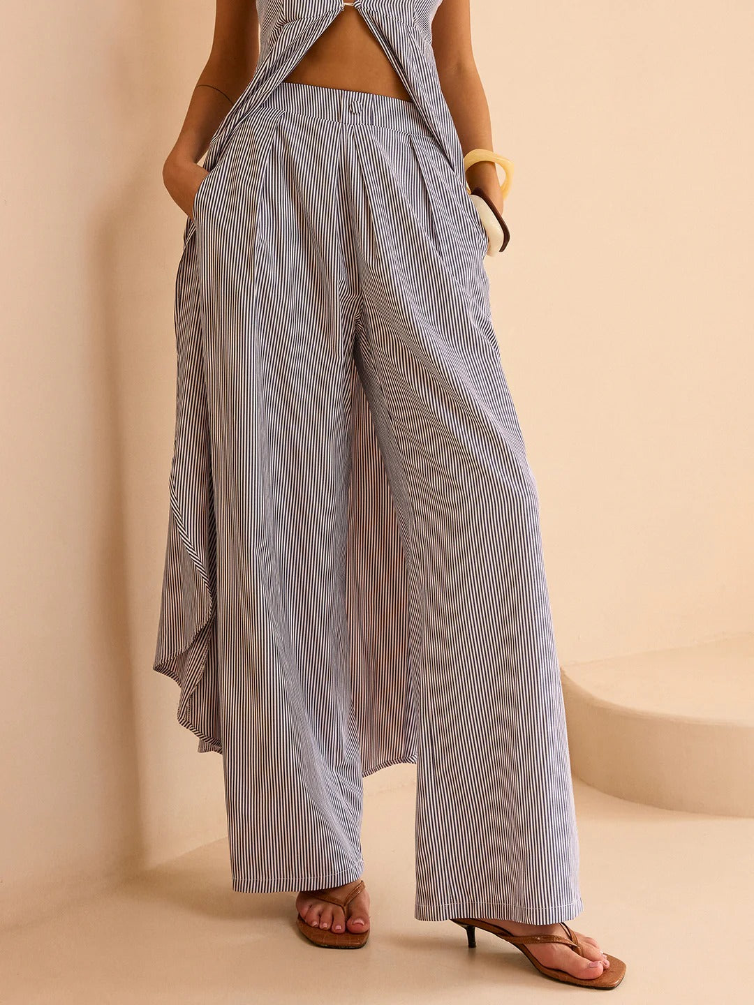 Fashion Striped Long Cami Top and Wide-Leg Pants Set