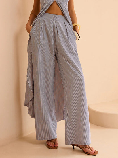 Fashion Striped Long Cami Top and Wide-Leg Pants Set