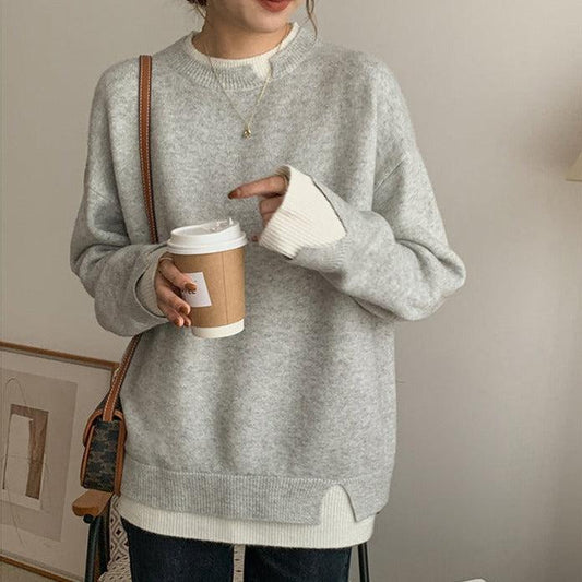 Popular Gray and White Oversized Cut-Out Long Sleeve Sweater